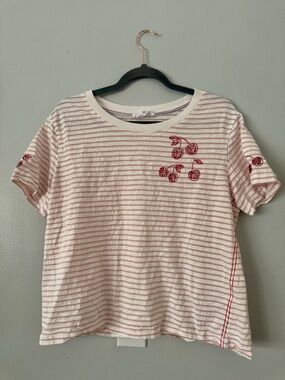 Jane and Delancey White and Pink Striped Cherry Sequin Tee